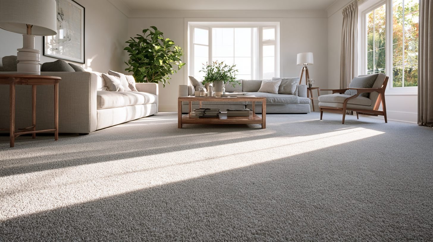 Living room with newly installed plush light-grey carpet and natural light across the floor