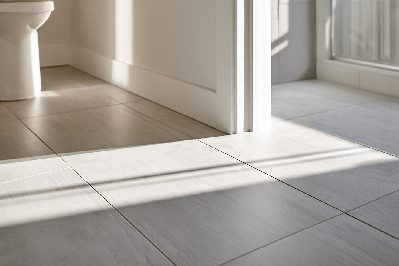 Close view of large-format grey ceramic tile flooring with clean grout lines in a bathroom doorway