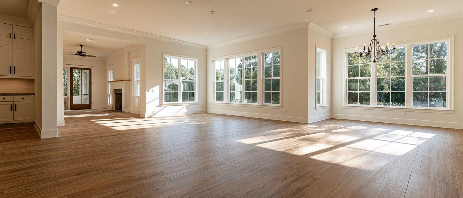 Sunlit open-plan living and dining room with newly installed wide-plank wood-look vinyl flooring