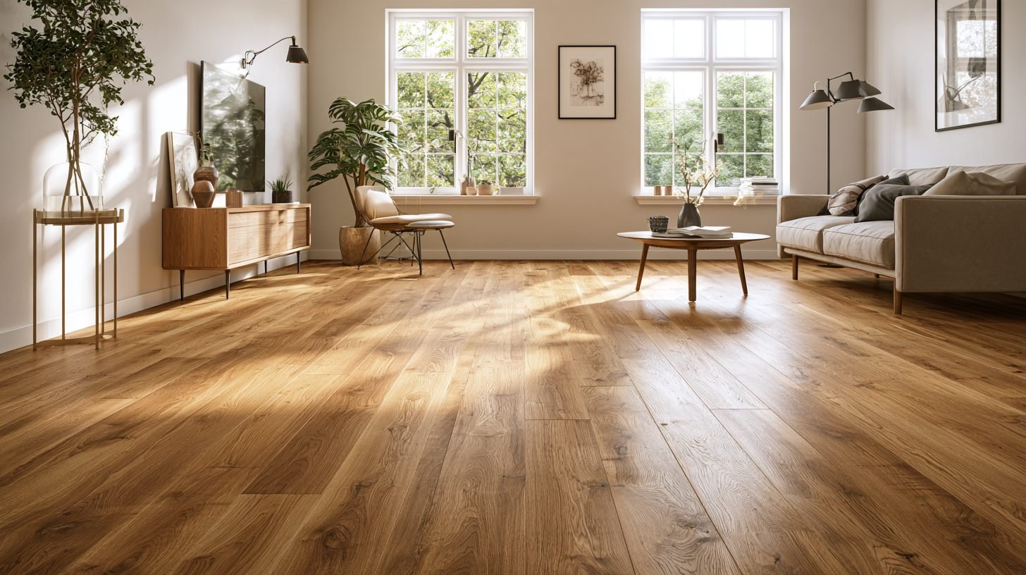 Bright living room with wide-plank golden oak vinyl flooring running toward the windows